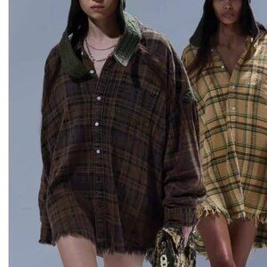 NWT R13 Shredded Seam Drop Neck Plaid Flannel Button-Up Shirt
